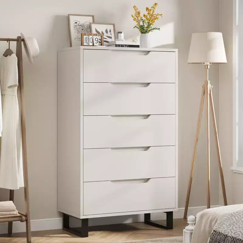 5-Drawer White Bedroom Dressers: 50 Tall Freestanding Vertical Wooden Chest with Storage for Living Room, Hallway & Entryway