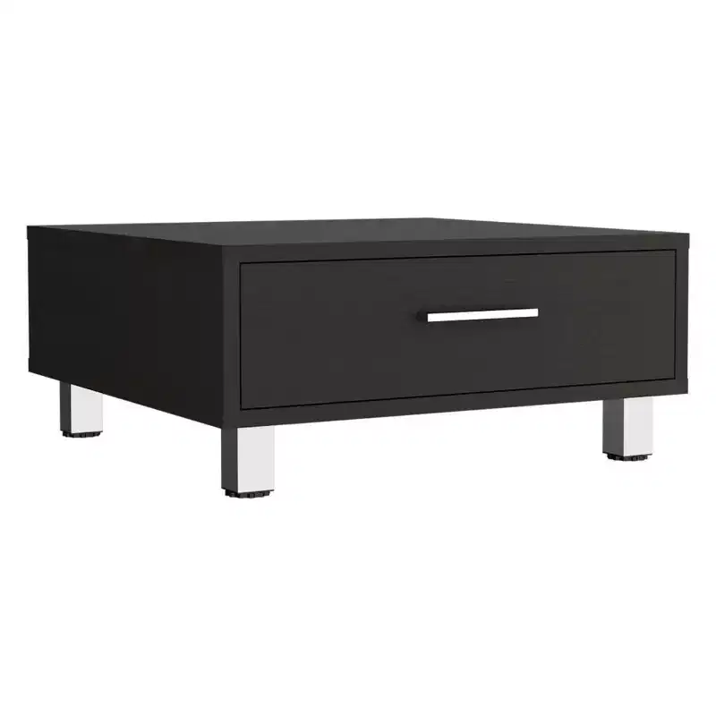 Square Coffee Table with Drawer, Four Legs - Black