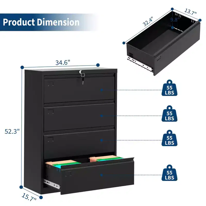 Locking 4-Drawer Steel Lateral File Cabinet for Letter/Legal/A4, Wide Office Storage Organizer