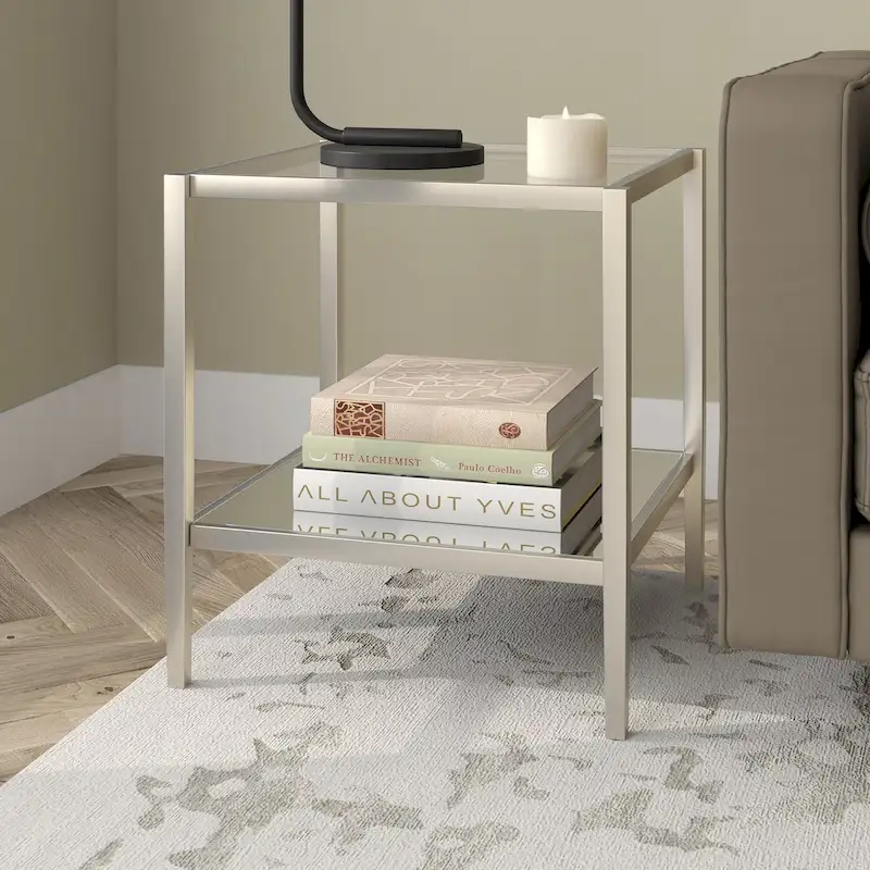20-Inch Square Side Table with Tempered Glass Top and Shelf