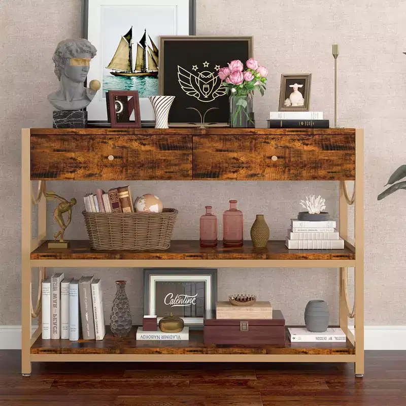 Entryway Table, 32 Inch Console Sofa Table with 2 Drawers and Storage Shelves, Console Table at Entry, Living Room Hallway Entrance Foyer