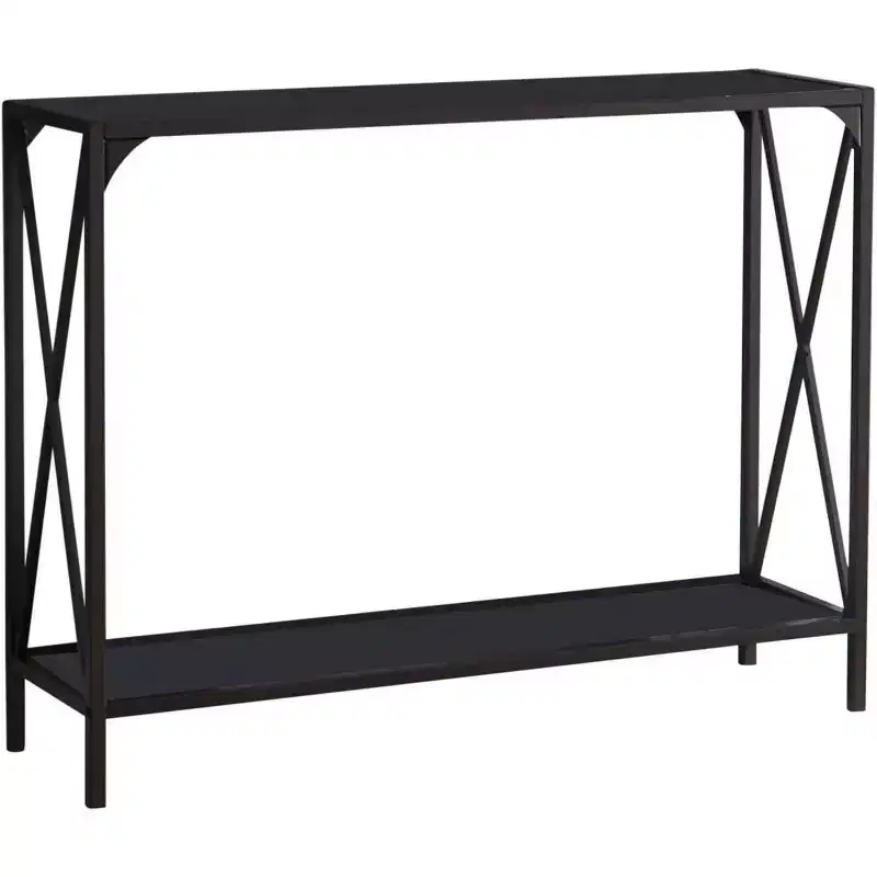 Kings Brand Furniture  Kandin Modern Console Sofa Table with Storage Shelf, Pewter/Black Glass - Perfect for Entryways and Living Rooms