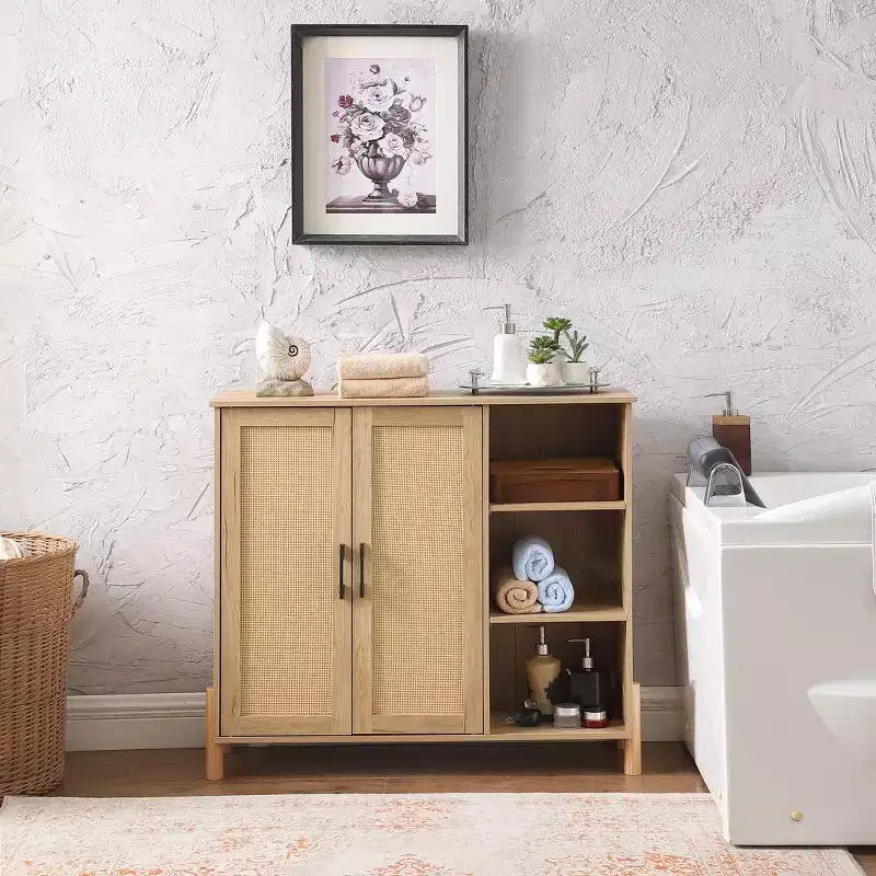 GDFStudio Riven Mid-Century Modern 35.4'' Storage Cabinet with Woven Rattan Doors, Open Shelves and Adjustable Shelves