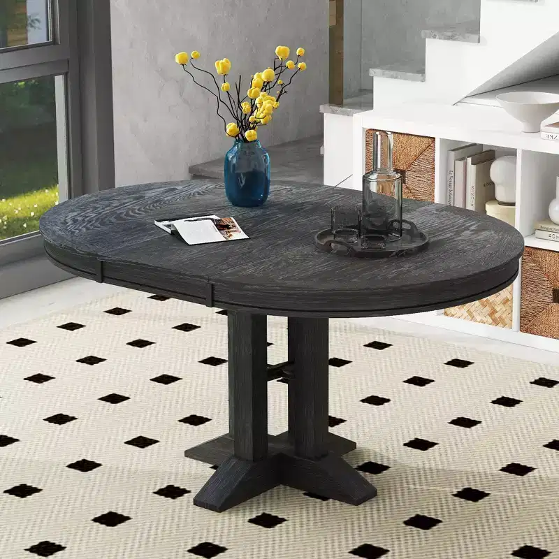 Whisen Farmhouse Style Wood Extendable Pedestal Base Dining Table with 14 in. Leaf