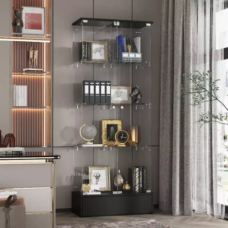 Tall Glass Door Display Cabinet 2-Door 1-Drawer 4 Shelves Black Wood 70.9