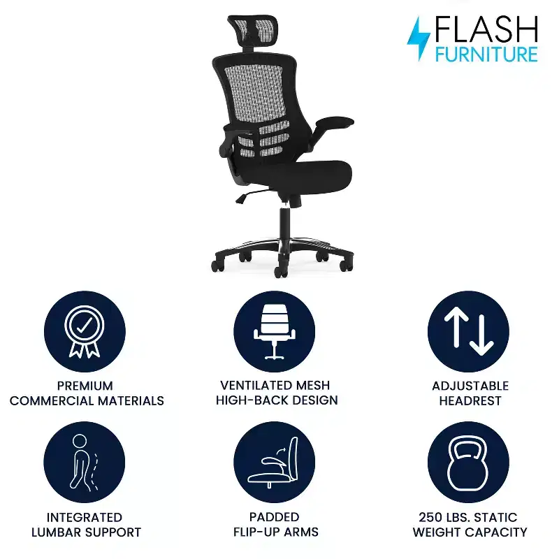 High-Back Black Mesh Swivel Ergonomic Executive Office Chair with Flip-Up Arms & Adjustable Headrest