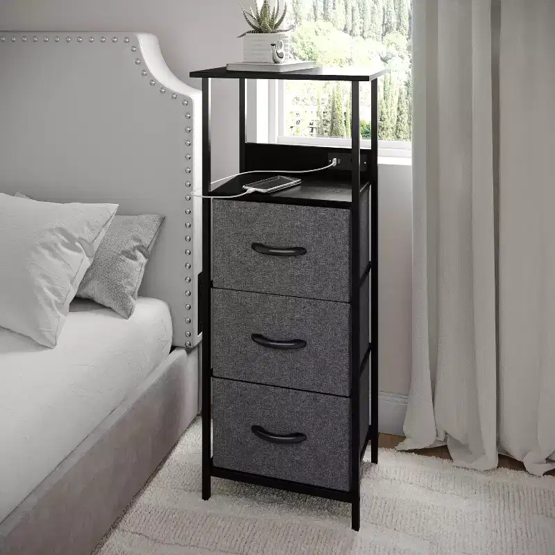 Flash Furniture Sodano 3 Drawer Nightstand with Charging Station, 2 USB Ports and 1 Outlet, Metal Frame, Engineered Wood Top, Drawers and Handles