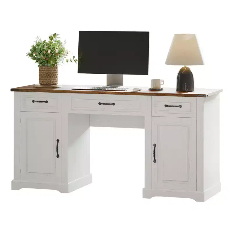 60 Desk with Drawers, Farmhouse Home Office Desk with Storage Cabinets, Wood Workstation Computer Desks for Home, Study, Work