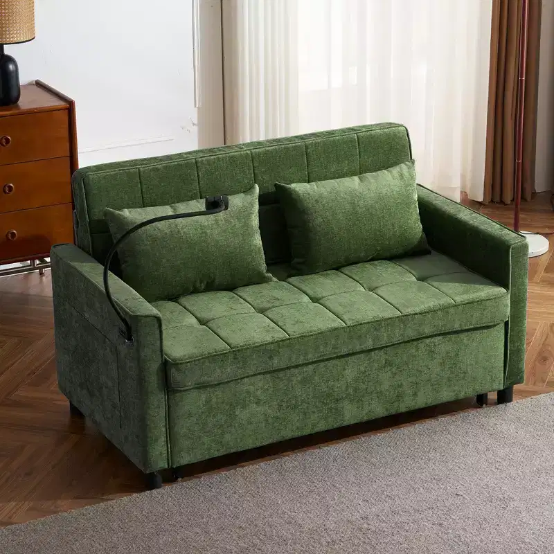 MAYEERTY 56.9 Inch Loveseat Pull Out Sleeper Sofa Bed with Reversible Backrest Cushion Side Pockets Phone Holder for Living Room Green