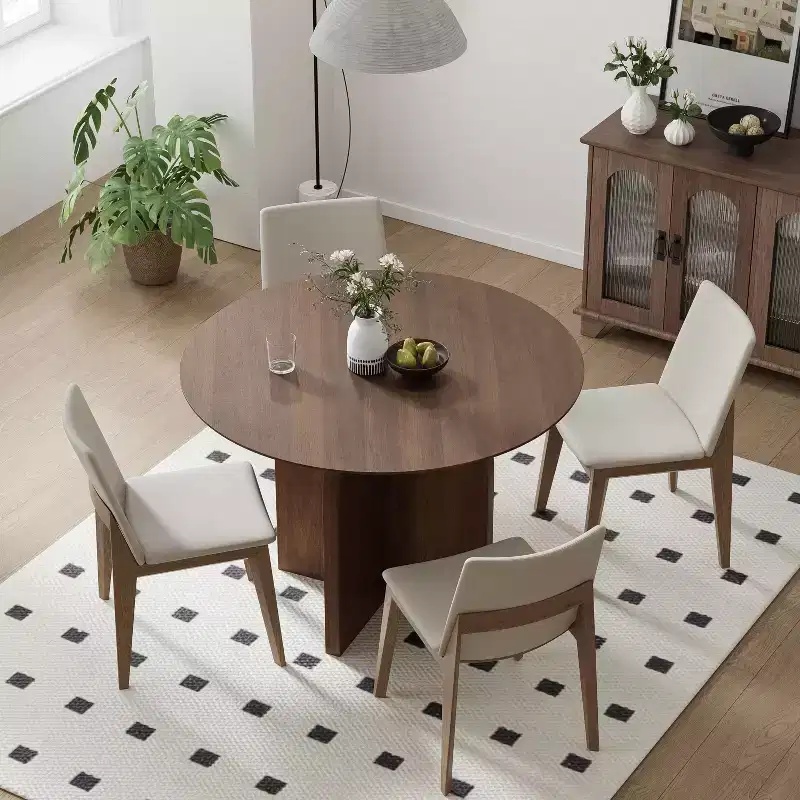 Solid Wood Round Dining Table with Walnut Finish and Arched Legs for Modern Dining Rooms & Kitchens