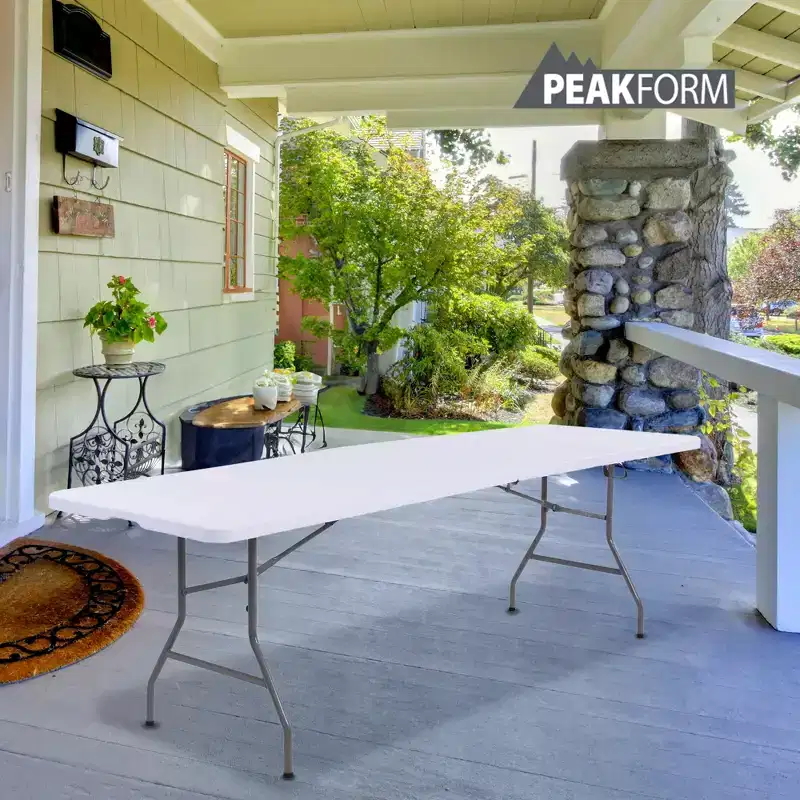Peakform Multipurpose Banquet Fold-In-Half Table Lightweight Durable Desk with Secure Base for Indoor and Outdoor Events, 8 Foot, White