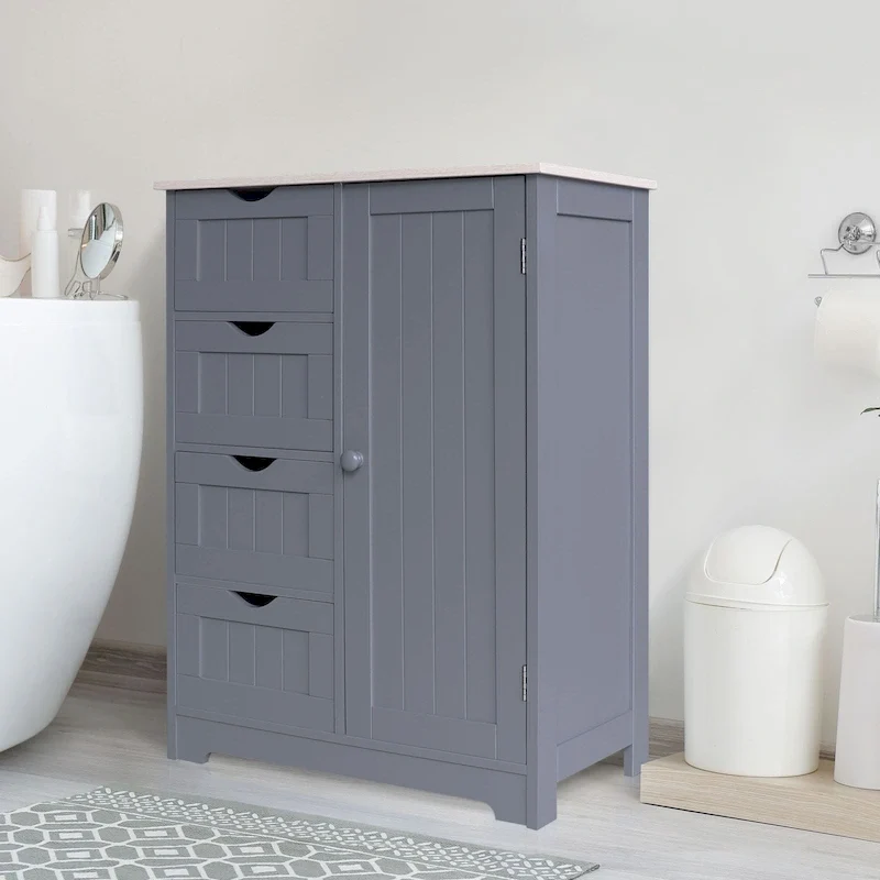 Bathroom Floor Storage Cabinet with 4 Drawers and Adjustable Shelf, Moisture-Resistant, MDF or Bamboo