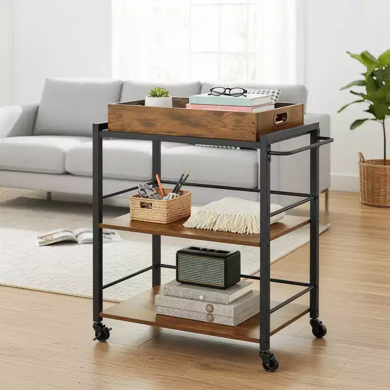 3-Tier Bar Cart, Serving Cart With Wheels And Handle, Beverage Cart. Kitchen Serving Cart with Removable Tray