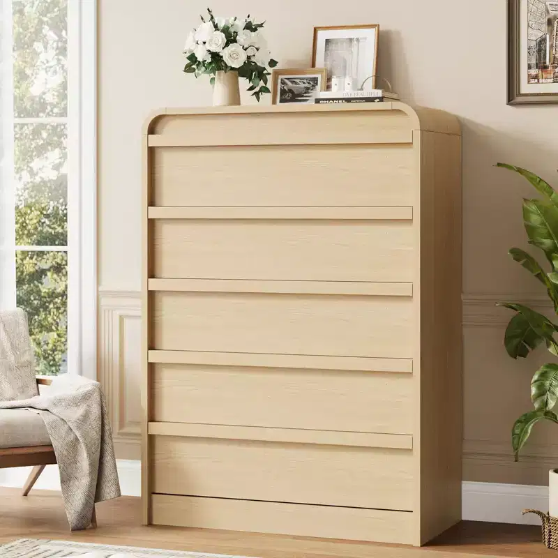 Acekool 5 Drawer Wooden Dresser, Curved Design Storage Organizer for Bedroom, Living Room, Entryway, Natural Oak