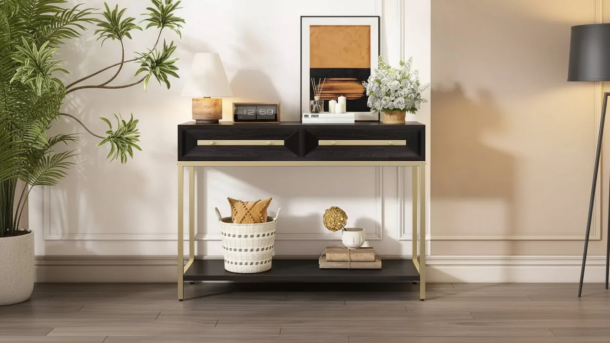 45.5W Console Table, Entryway Table with Two Drawers, Retro Hallway Table with Striking Geometric Design