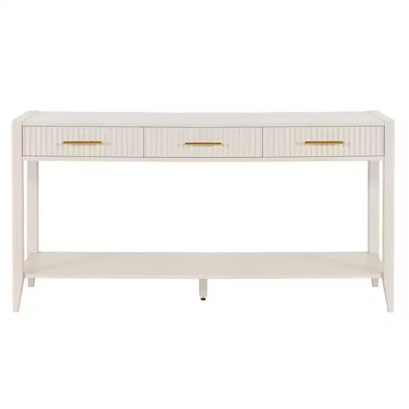 60 Painted Console Table with 3 Drawers Wooden Entryway Table with Storage Shelf Farmhouse Sofa Table for Living Room Beige