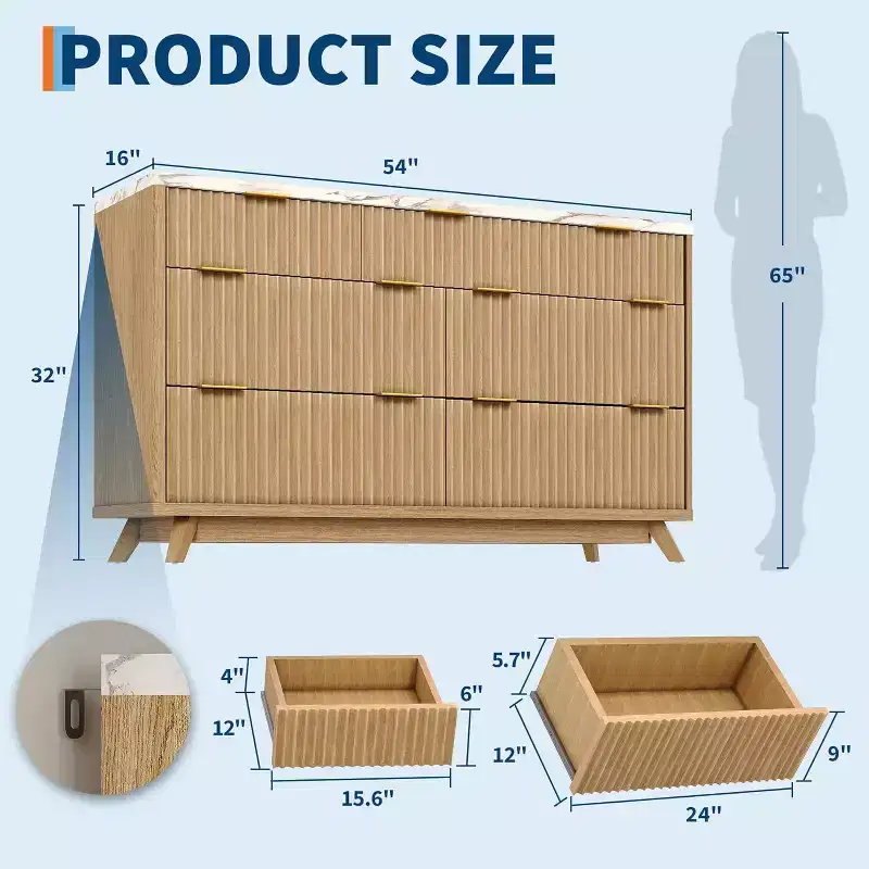 Fluted 7 Drawers Dresser for Bedroom,54Wide Modern Chest of Drawers,Curved Profile Design,Wood Storage Cabinet Organizer for Living Room,Hallway