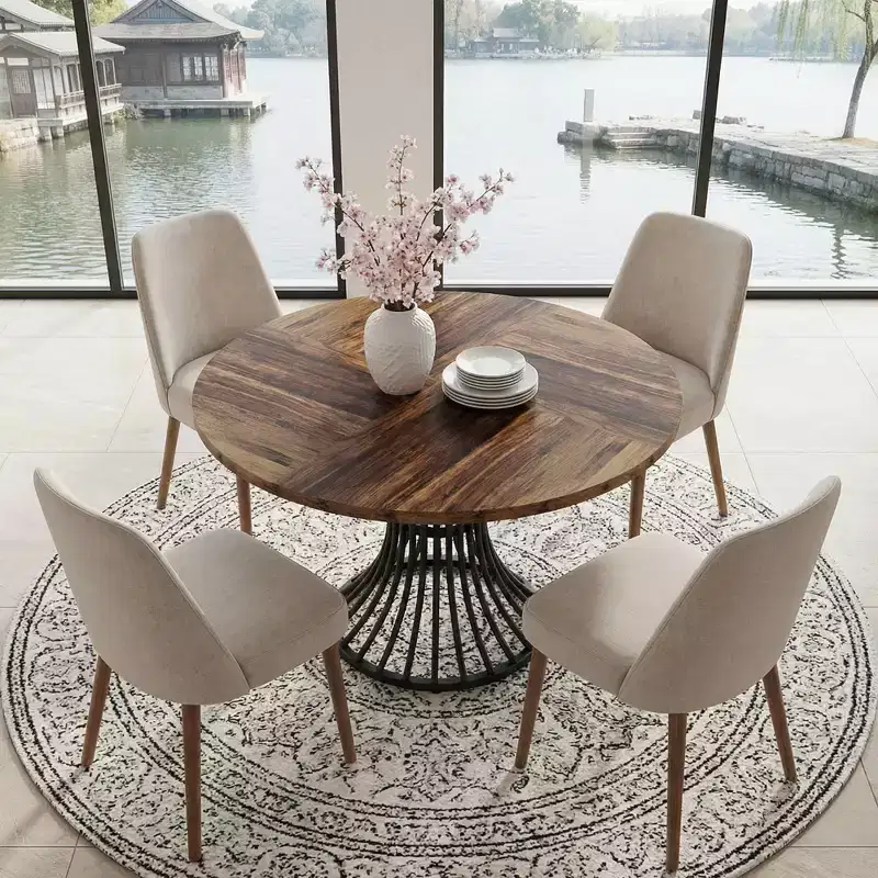 MAYEERTY 47 Round Hourglass Farmhouse Dining Table, MDF Top & Metal Base, 6-Person Versatile Table for Home & Cafe