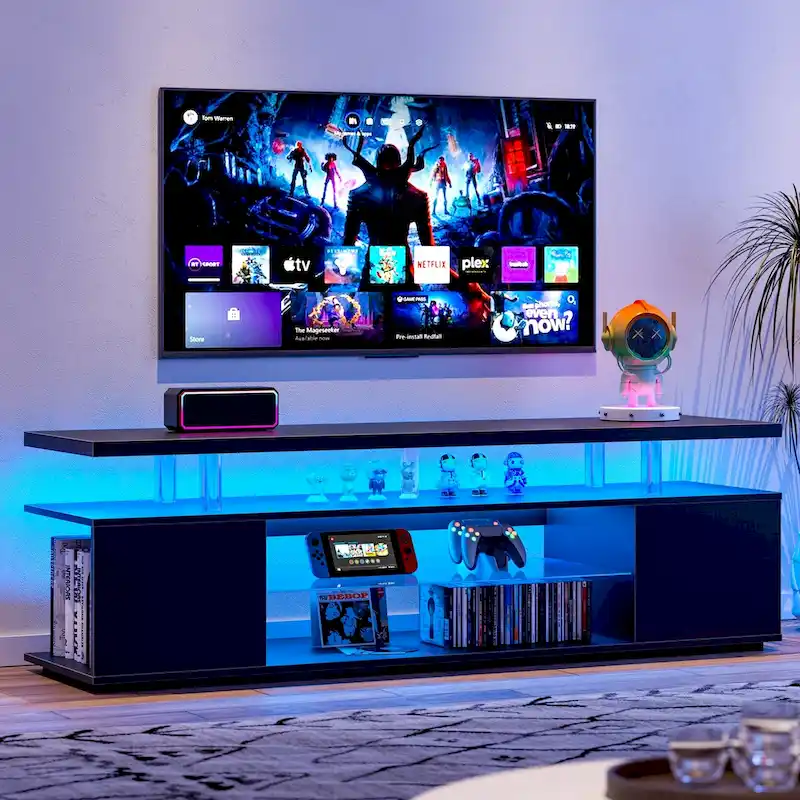 Center Media Storage Console Table with Large Side Cabinet for Living Room - 63.00L * 16W * 21H