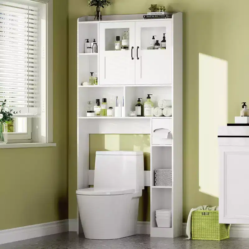 Over Toilet Cabinet - 67.4 h Bathroom Storage Organizer with Glass Door, Adjustable Shelves, Space Saving Furniture for Toilet, Laundry Room