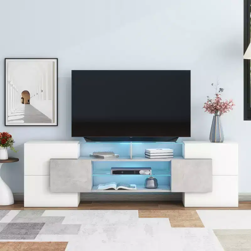 Versatile TV Stand for TVs up to 80 with 2 Lighted Glass Shelves and LED Color Changing Lights - ModernLuxe