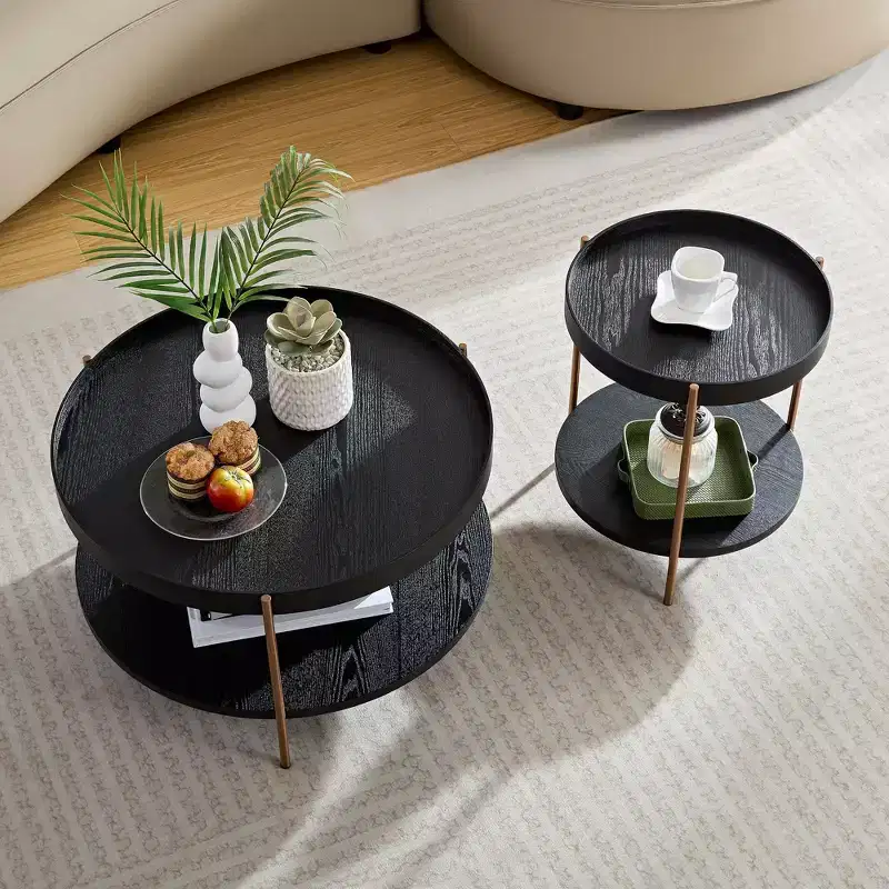 Okak 2 tier Round Nesting Coffee Table Set of 2, Modern End Side Tables for Living Room/Office, Space-Saving Balcony Yard