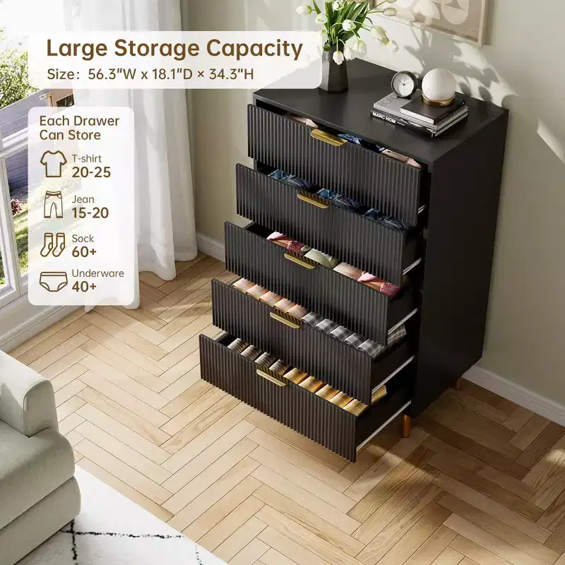 5-Drawer Dresser, 48 Tall Modern Wood Storage Organizer for Bedroom, Black