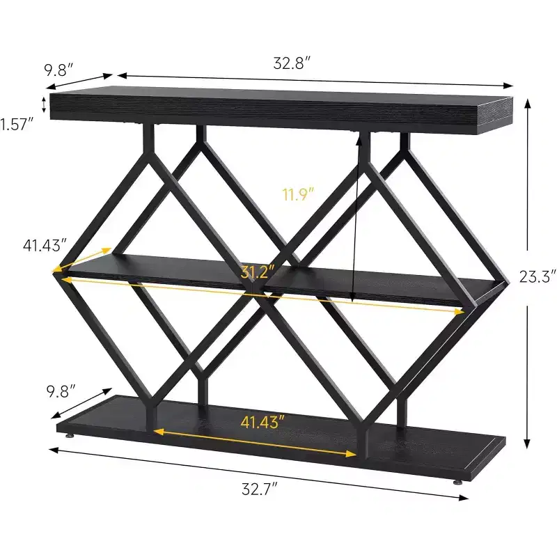 Garvee 3-Tier Narrow Farmhouse Console Table, Entryway Table with Open Storage Shelves, Geometric Diamond Metal Legs, Console Sofa Table