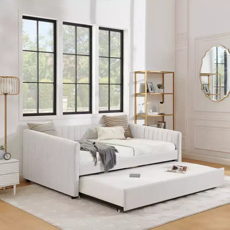 GDFStudio Scarlett Upholstered Daybed with Trundle, Vertical Stripe Backrest Sofa Bed