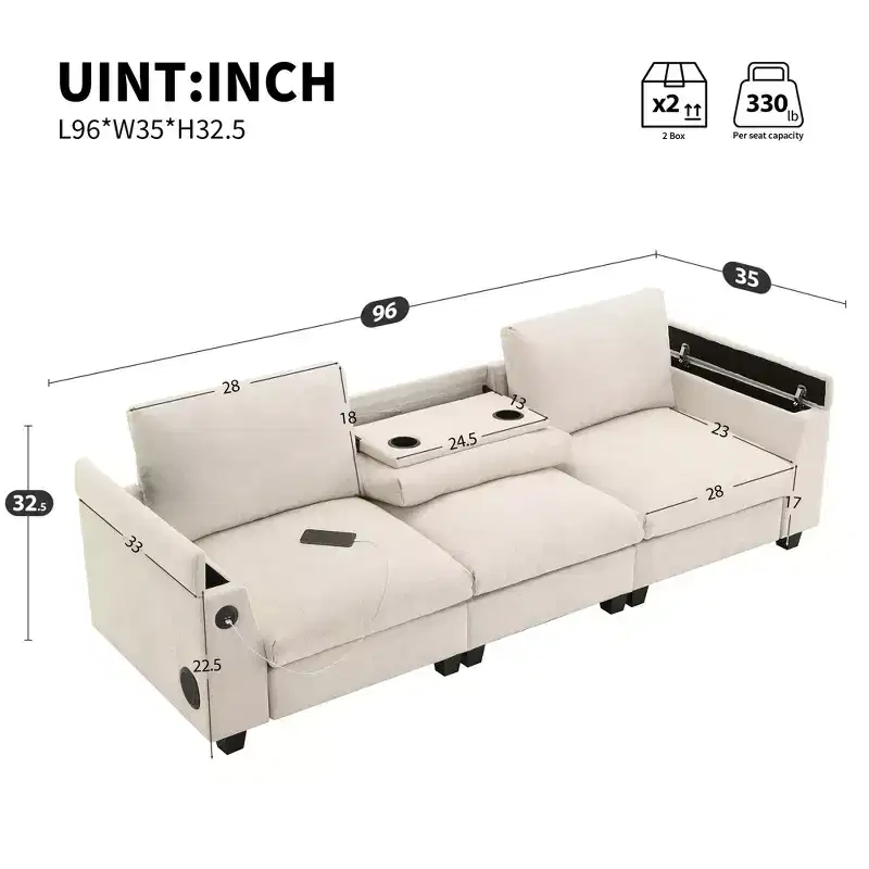 GDFStudio Yedda Multifunctional 96 Chenille Storage Sectional Sofa with Drop-Down Table and Cup Holders