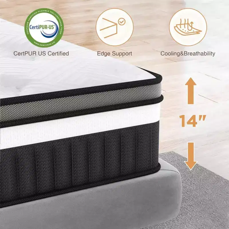 14-inch Queen Hybrid Mattress  Gel Memory Foam, Pocketed Coils, Medium Firm, CertiPUR-US Certified