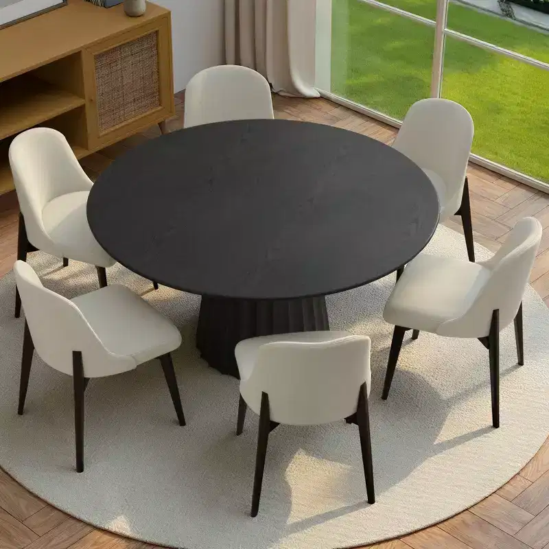 52 Modern Round Dining Table with 6 Upholstered Chairs Black Textured Wood Top Pleated Pedestal Base Beige Seats for Kitchen Dining Room