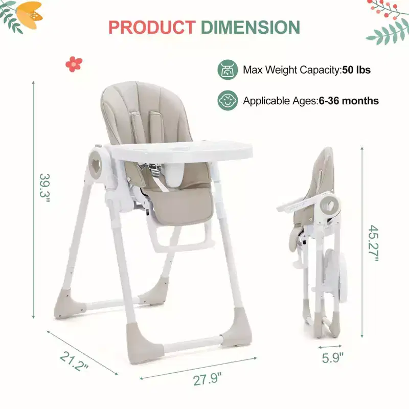 Folding High Chair for Babies & Toddlers - Adjustable 5-Point Safety Harness, Multiple Recline, Removable Easy-Clean Tray & Lightweight Design