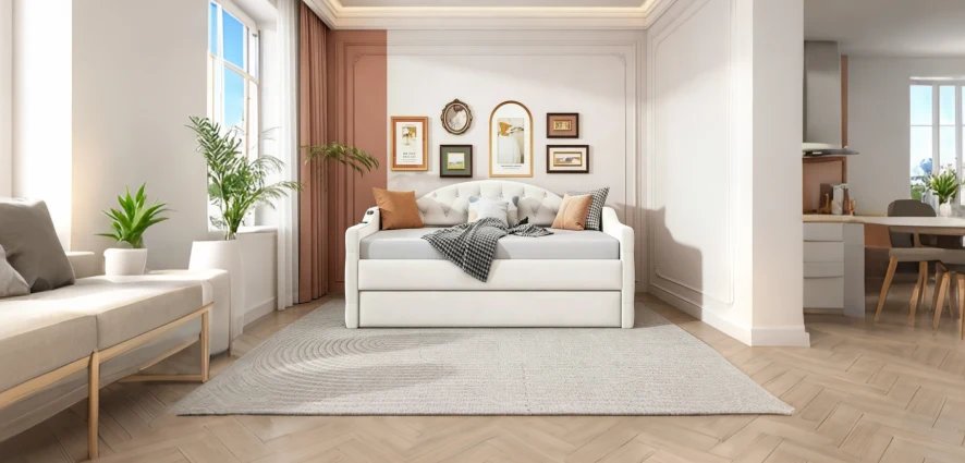 Twin Upholstered Daybed with Trundle, Velvet Sofa Bed with USB Charging Ports