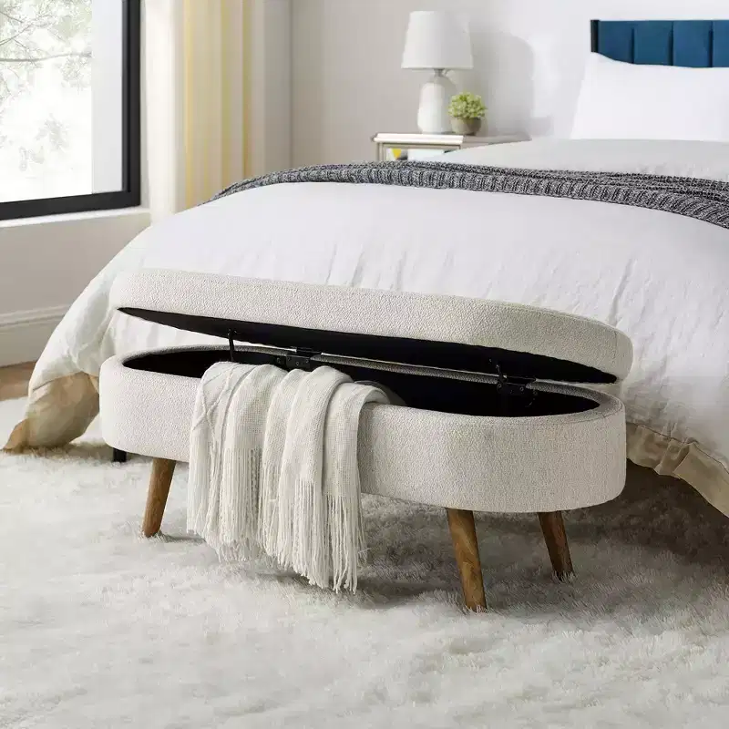 43.5in Oval Storage Bench with Solid Wood Legs, Linen Fabric Upholstered Entryway Ottoman, Shoe Benches for Living Room Bedroom Entryway