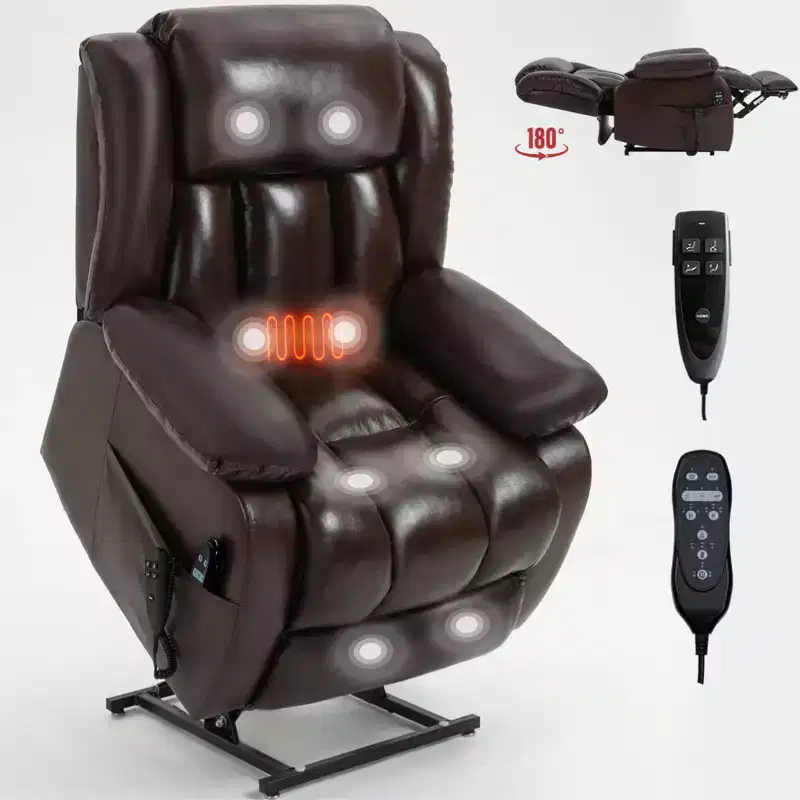 Brown Genuine Leather Power Lift Recliner Chair with 8-Point Vibration Massage and Lumbar Heating for Living Room Apartment