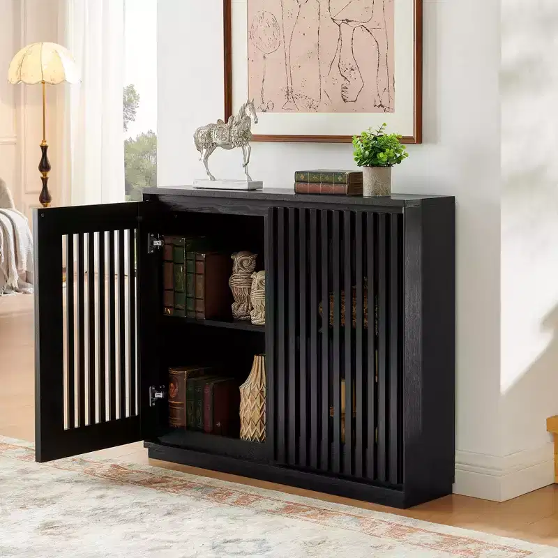 39 Mid Century Modern Fluted Hollowed Out Sideboard Cabinet with 2 Outlet Holes, Buffet Cabinet with Storage, Storage Cabinets