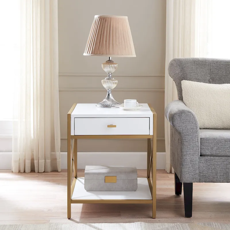 White Wood and Gold Metal X-Frame 1-Drawer End Table with Open Shelf for 1 Person