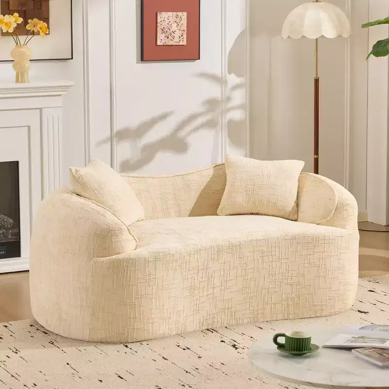 Beige Curved 2-Seat Sofa with Arms & 2 Pillows, Compact Design for Any Room