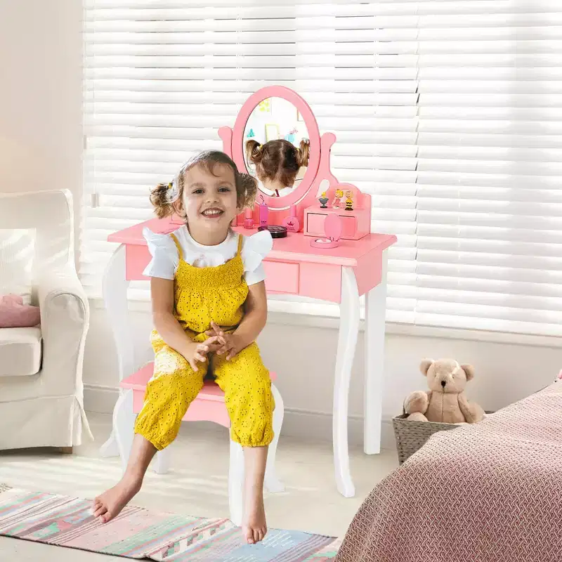 Costway Kids Vanity Princess Makeup Dressing Table Stool Set W/ Mirror Drawer