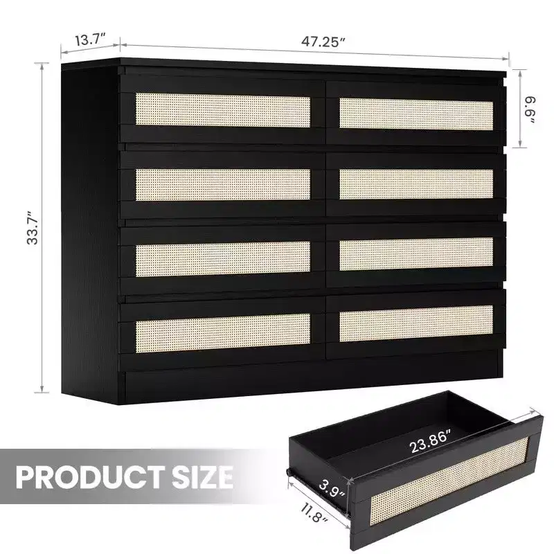Large 8 Drawer Dresser for Bedroom, Modern Farmhouse Rattan Dresser, Slim Wood Chest of Drawers, Multifunctional TV Stand for Apartments, Small Spaces