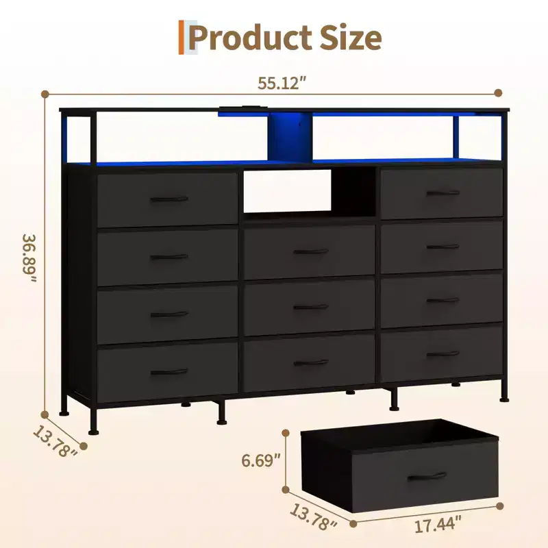 Dresser for Bedroom with 11 Drawers, Fabric Dressers & Chest of Drawers with Open Shelves for Hallway, Living Room, Steel Frame, Wood Top