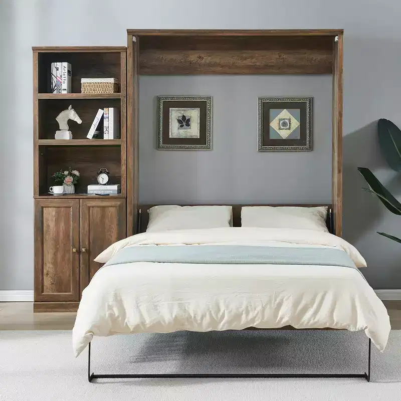 Queen Size Murphy Bed Wall Bed with Side Cabinet, Space-Saving Bed Perfect for Guest Room, Bed Room, Home Office, Rustic White/Brown -ModernLuxe