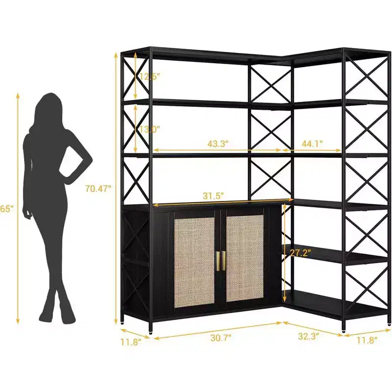 6 Tier Corner Bookshelf, Industrial Etagere Bookcase, Large L-Shaped Storage Display Shelf for Home Office, Living Room, Kitchen