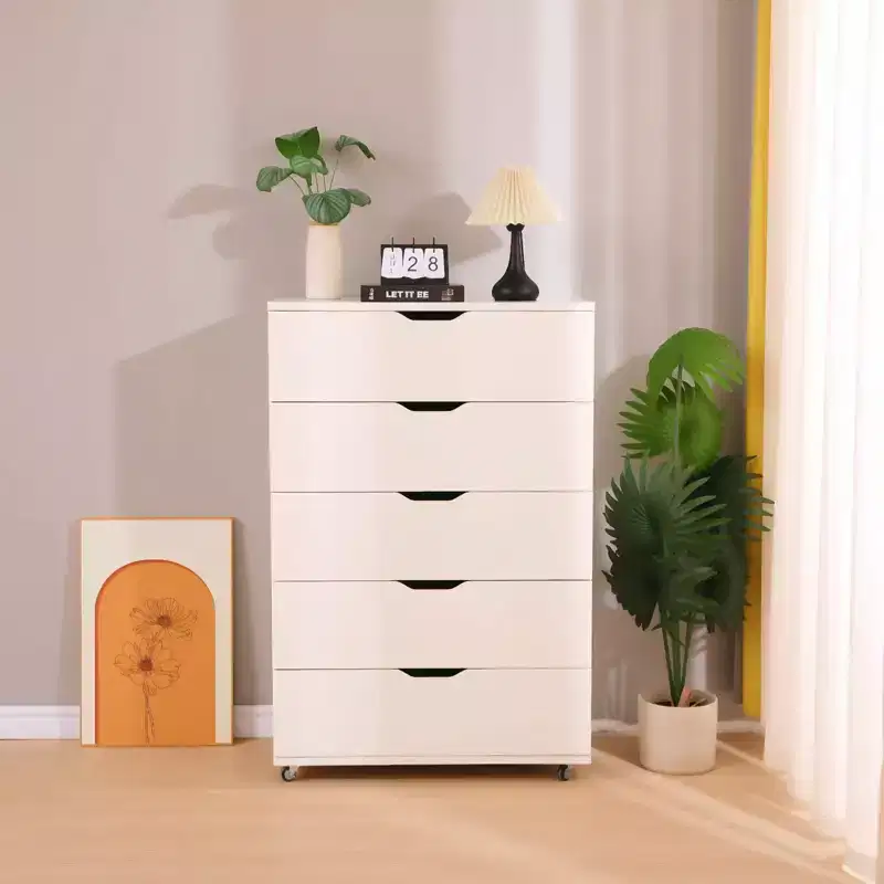 JVNOXK 30-inch Five-Drawer Cabinet with 4 Casters Modern Storage Cabinet with Cutout Handles Features Smooth-Gliding Drawers White