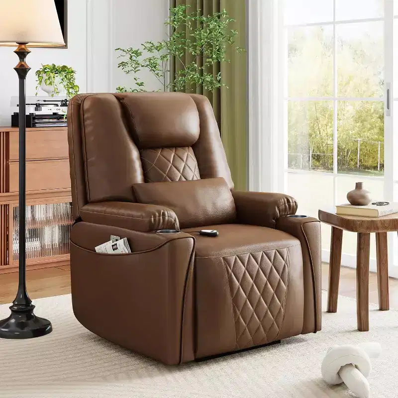 Power Lift Recliner Chair, PU Leather Sofa with Charging Ports, Cup Holders, Electric Stand Assist, Remote Control, Brown