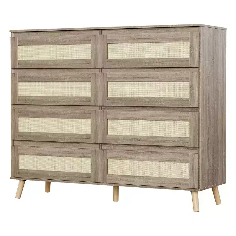 GustoWave 8-Drawer Rattan Dresser Natural Finish Wooden Storage Cabinet for Bedroom Nursery Living Room Entryway