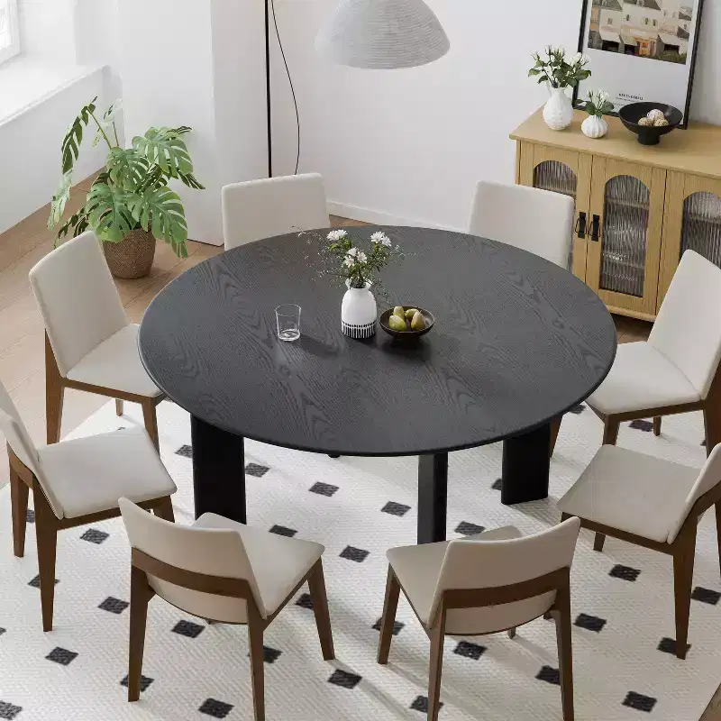 PexFix 59 Modern Round Dining Table for 6-8 with Dense Wood Tabletop & Stable Base Wooden Dining Table for Kitchen Dining Room Black