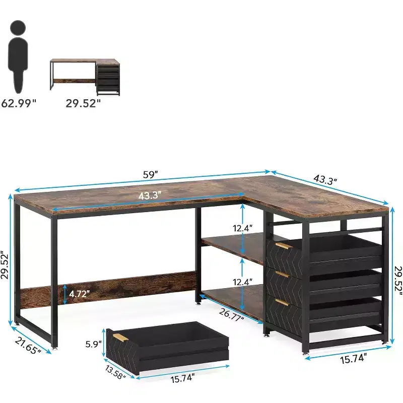 59-Inch L-Shaped Computer Desk with Storage Drawers and Shelves, Reversible Corner Desk for Home Office, Brown