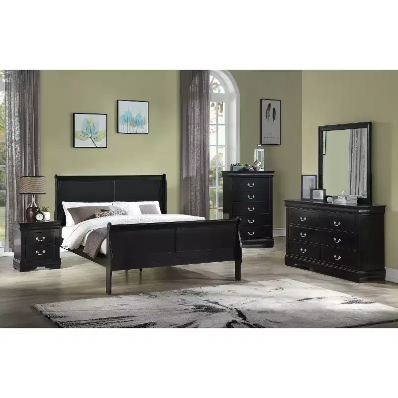 Okak Solid Wood Bedroom Furniture 5-Drawer Chest or 2-Drawer Nightstand, Sleigh Bed, Brass Hardware, Easy Assembly